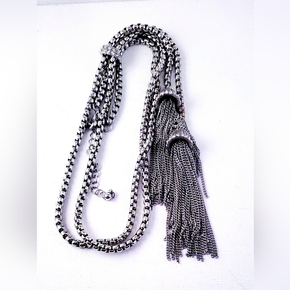 Heavy Silver Tone Waterfall Tassel Lariat Necklace w/Rhinestones - 30”